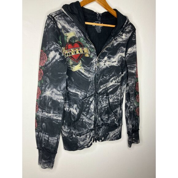 Y2K Sinful Affliction Womens Medium Zip Up Hoodie Black Tie Dye Rose Tattoo Hear - Picture 3 of 13